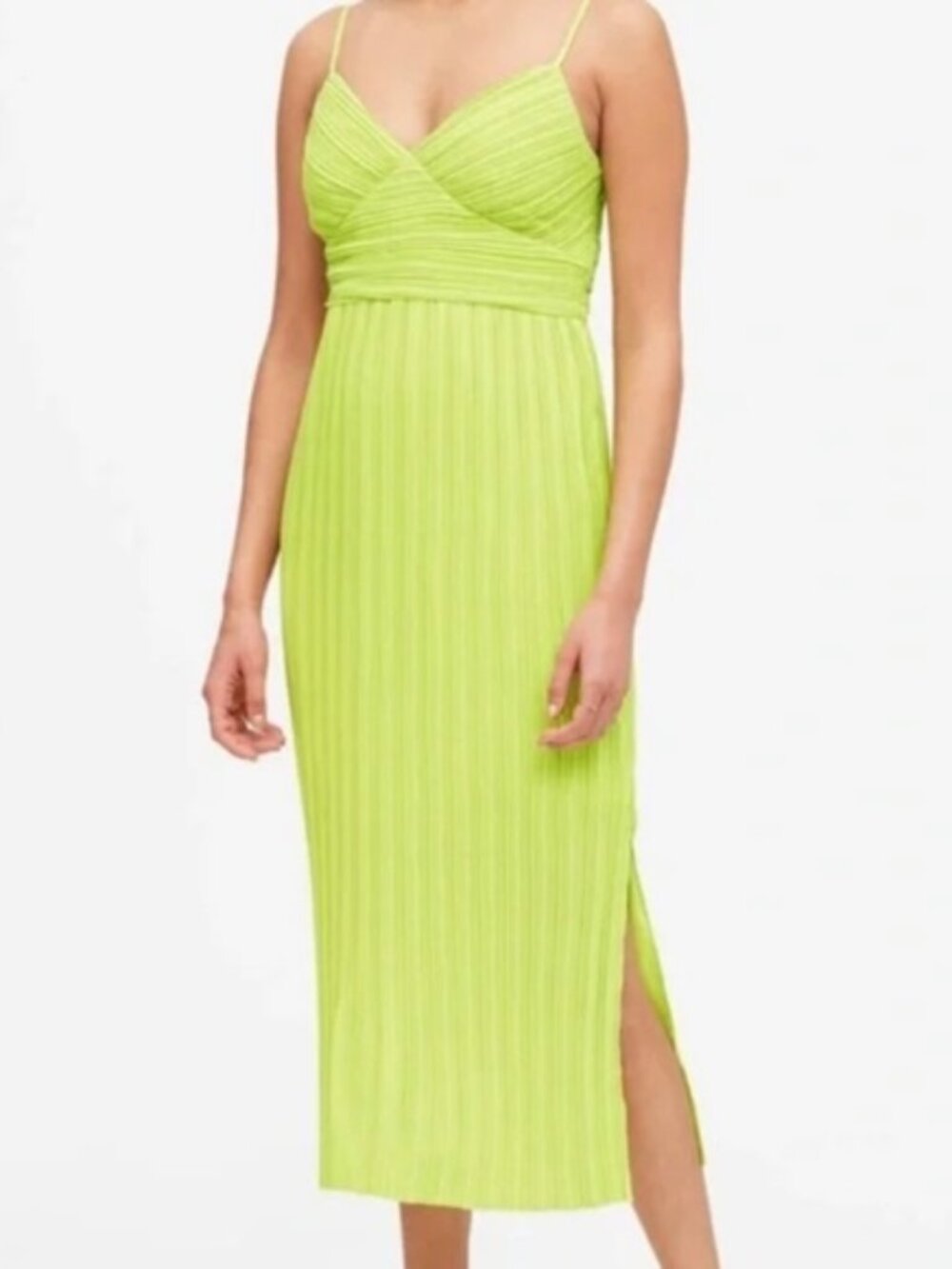 Banana Republic Lime Green Pleated V-Neck Midi Dress - 10